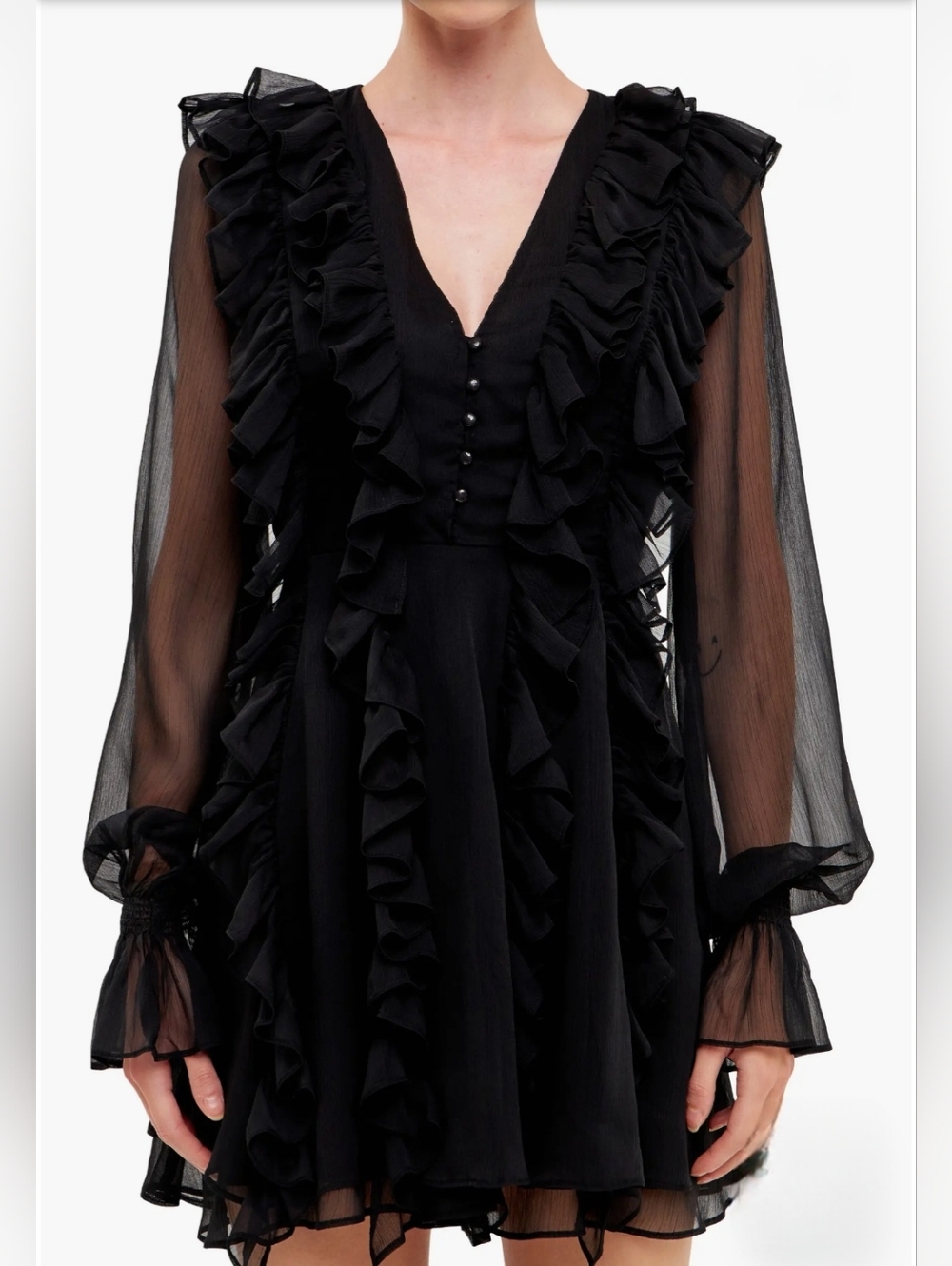 NWT "Endless Rose" Long-Sleeve Chiffon Ruffle Mini Dress Black Size Medium